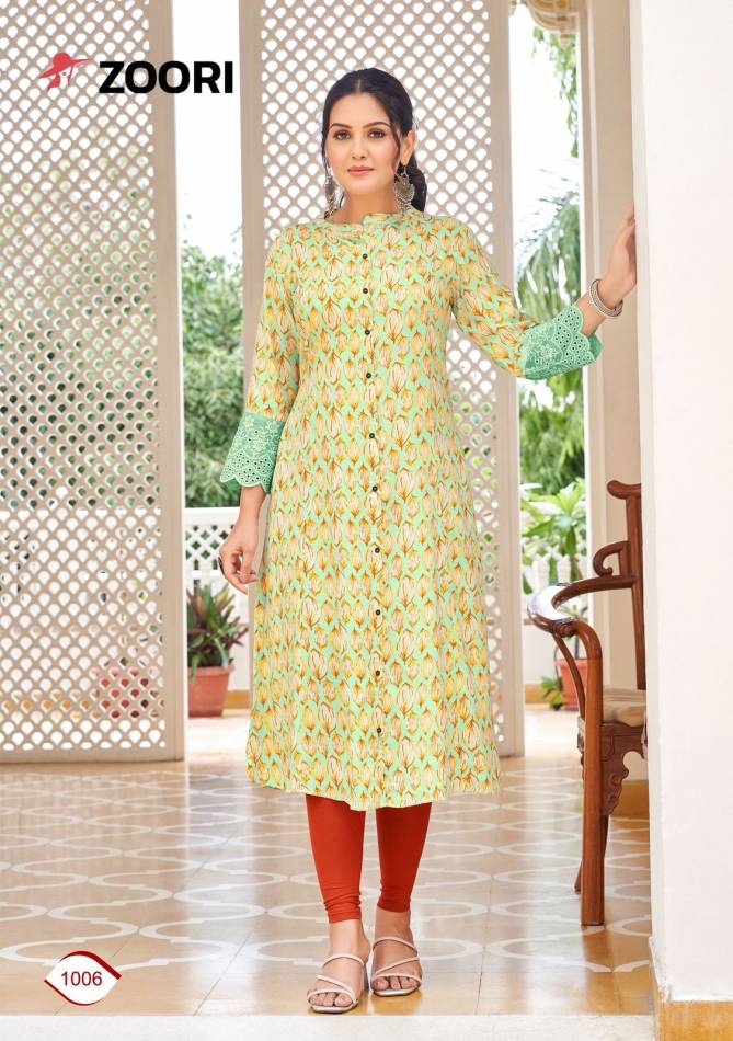 Aadhya By Zoori Rayon Printed Designer Kurti Wholesale Suppliers In Surat
